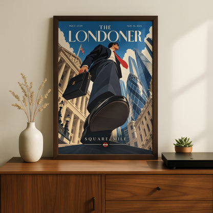 London Square Mile Poster, Retro Magazine Cover Wall Art, City of London Gherkin Print, Office