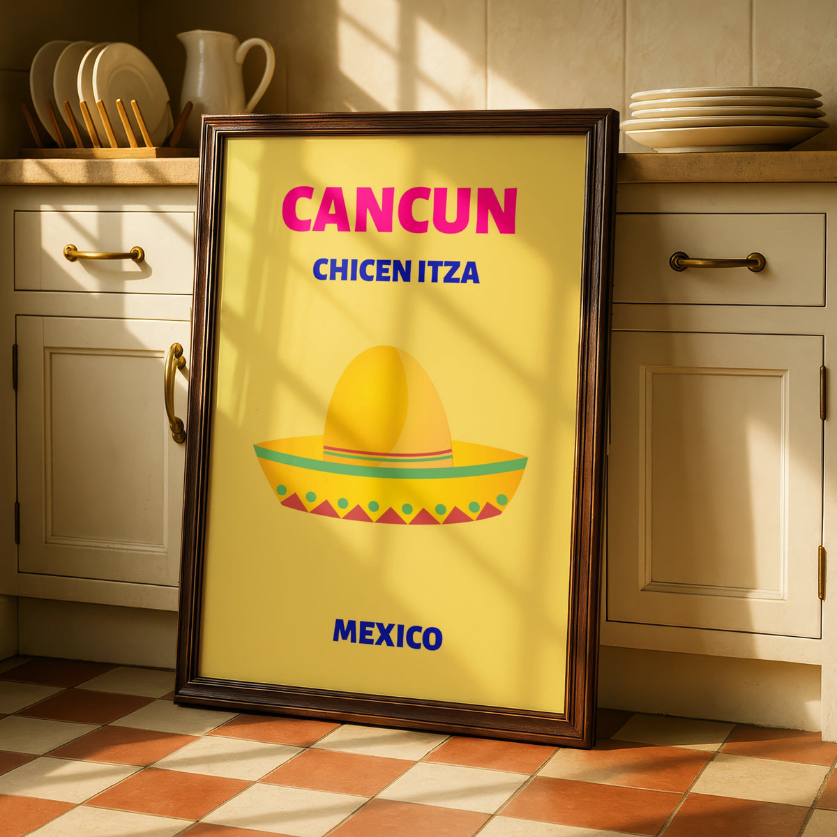 Cancun Mexico Travel Poster, Chichen Itza Wall Art, Retro Mexican Print, Bold Colourful Decor