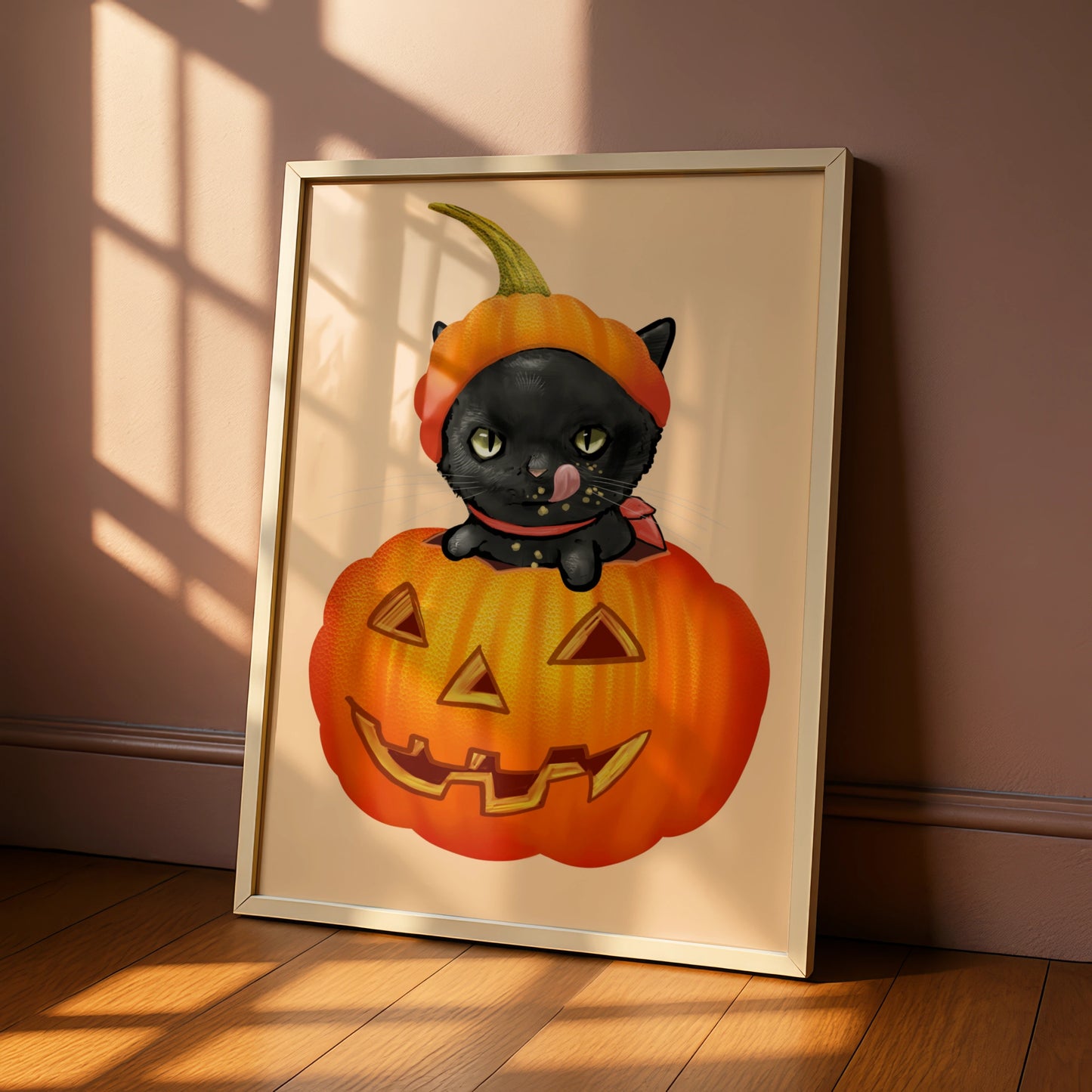 Halloween Black Cat Pumpkin Poster, Jack O Lantern Cat Wall Art Print