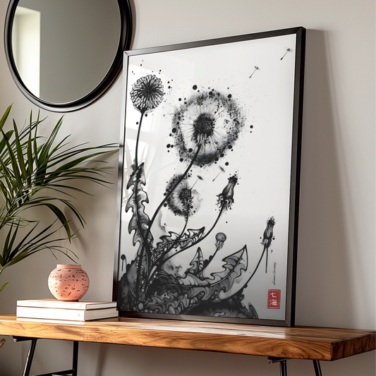 Dandelion Ink Art Print, Black and White Botanical Poster, Monochrome Wall Art, Modern Floral Decor