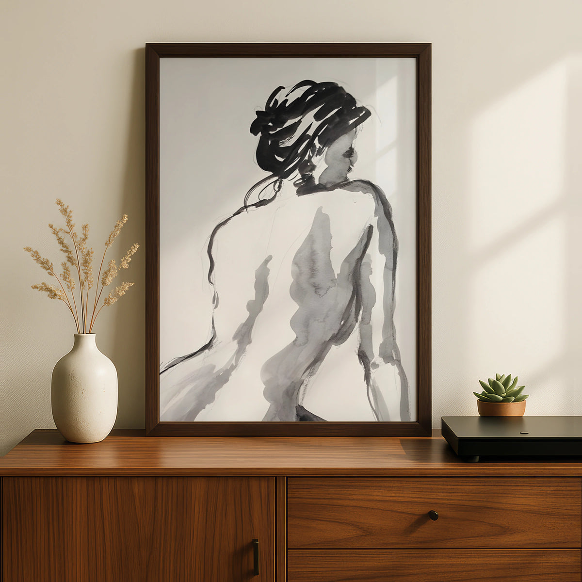 Female Figure Ink Sketch Print, Monochrome Wall Art, Minimalist Black and White Poster