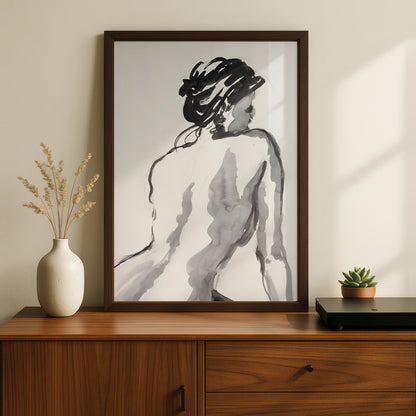 Female Figure Ink Sketch Print, Monochrome Wall Art, Minimalist Black and White Poster