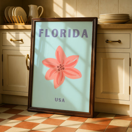 Florida Travel Poster, USA Wall Art, Retro Floral Print, Pastel Blue Pink Vintage America Decor