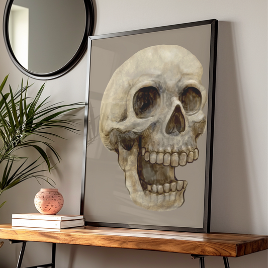 Halloween Skull Art Print, Spooky Skeleton Poster, Dark Gothic Wall Art, Beige Taupe Horror Decor
