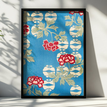 Japanese Botanical Print, Vintage Floral Woodblock Wall Art, Blue Peony Japandi Poster – A4 Black frame