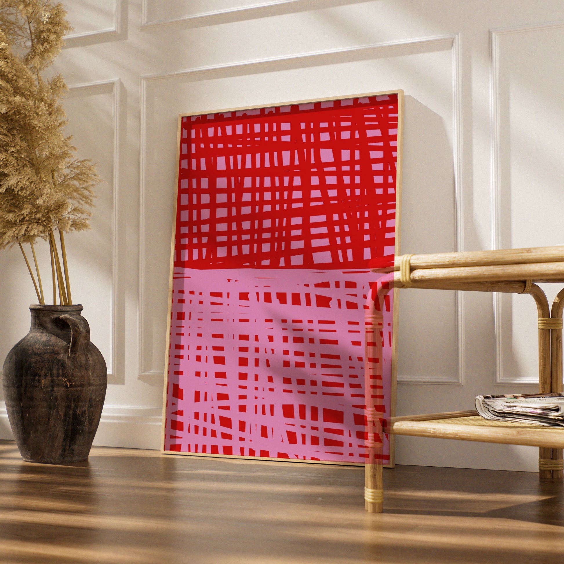 Maximalist Red Pink Grid Pattern Poster, Bold Abstract Wall Art, Modern Graphic Print