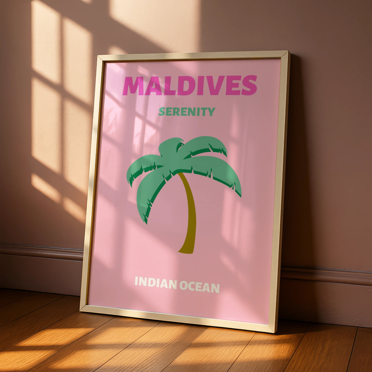 Maldives Travel Poster, Indian Ocean Wall Art, Retro Palm Tree Print, Pink Tropical Decor