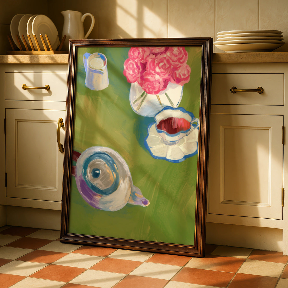 Maximalist Tea Party Poster, Floral Still Life Wall Art, Colourful Teapot Print, Kitchen Decor