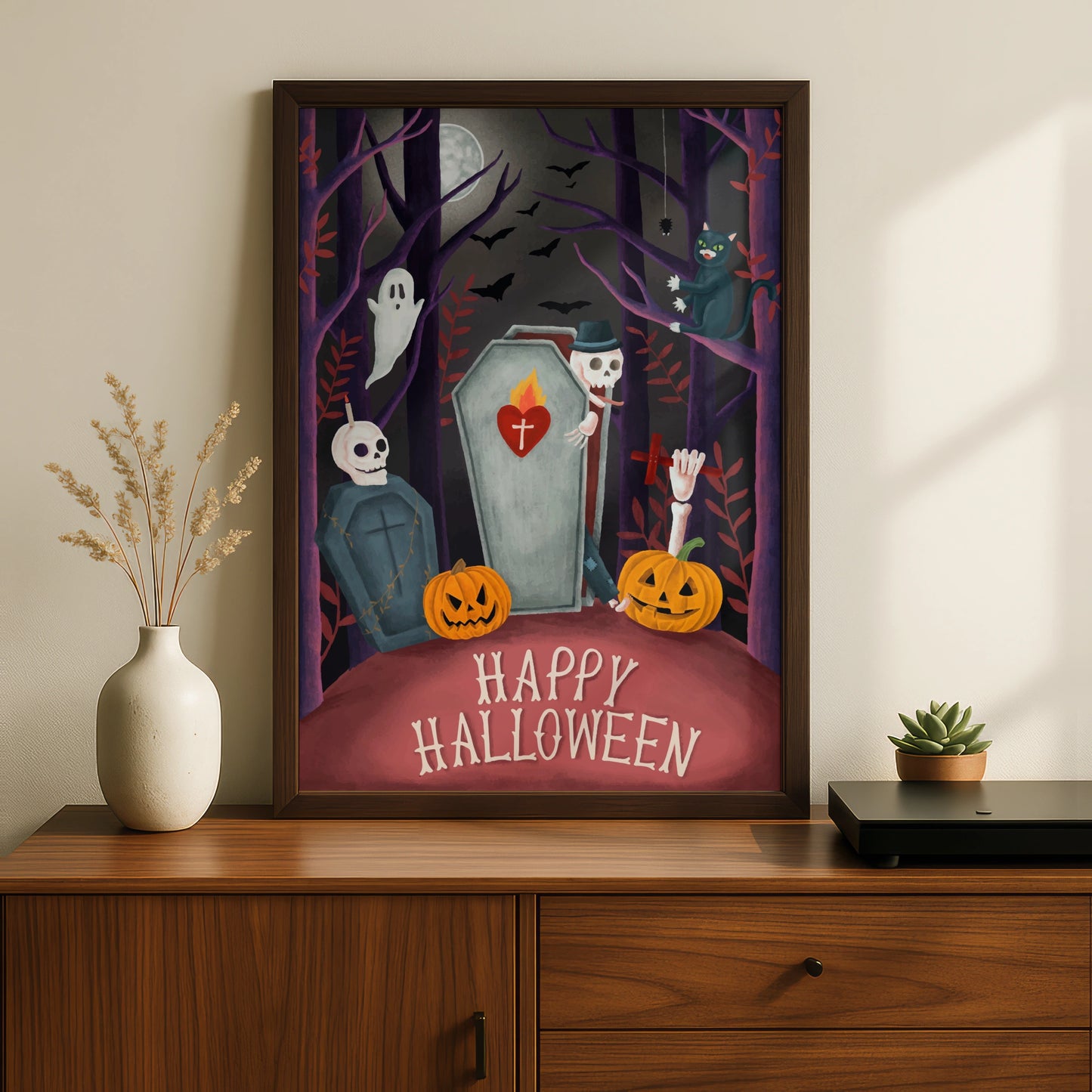 Happy Halloween Poster, Spooky Graveyard Wall Art, Ghost Skeleton Pumpkin Print, Gothic Decor