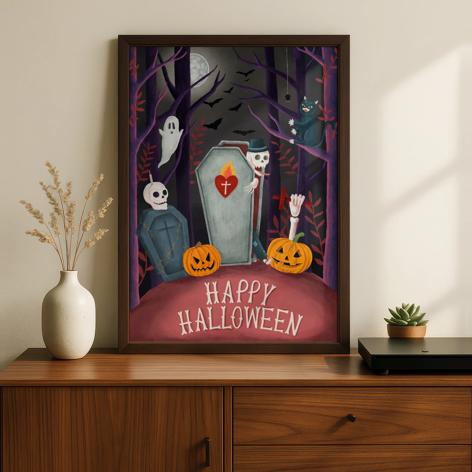 Happy Halloween Poster, Spooky Graveyard Wall Art, Ghost Skeleton Pumpkin Print, Gothic Decor