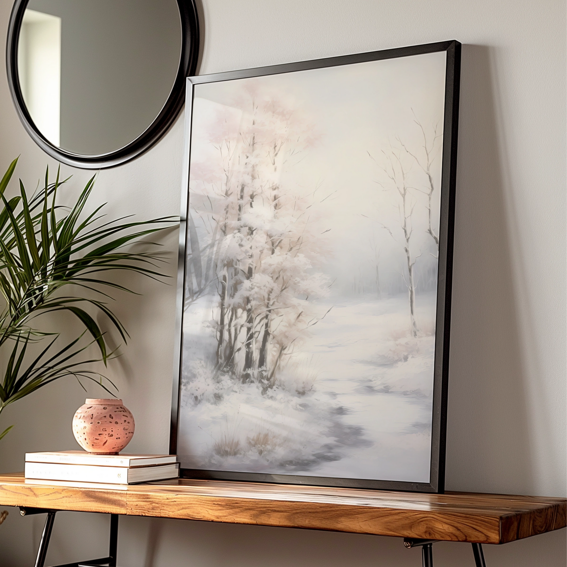 Christmas Winter Landscape Poster, Snowy Trees Wall Art, Neutral Festive Print, Minimalist Xmas