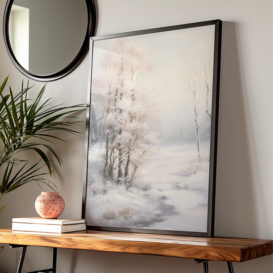 Christmas Winter Landscape Poster, Snowy Trees Wall Art, Neutral Festive Print, Minimalist Xmas