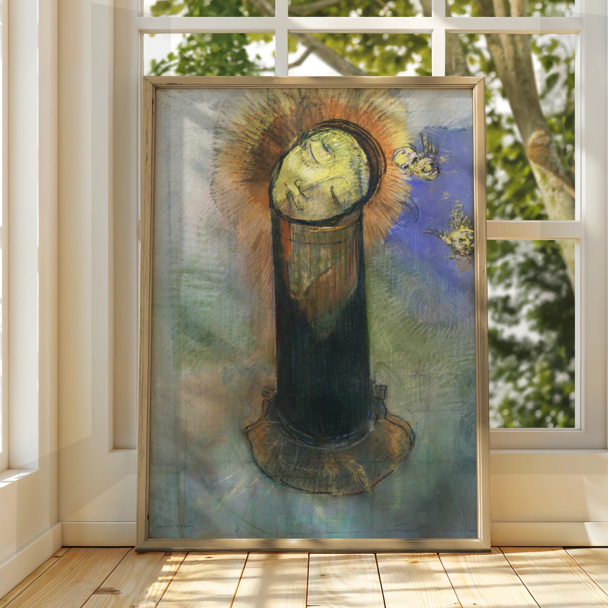 Odilon Redon Halloween Surreal Art Print, Mystical Head Halo Skull Poster Wall