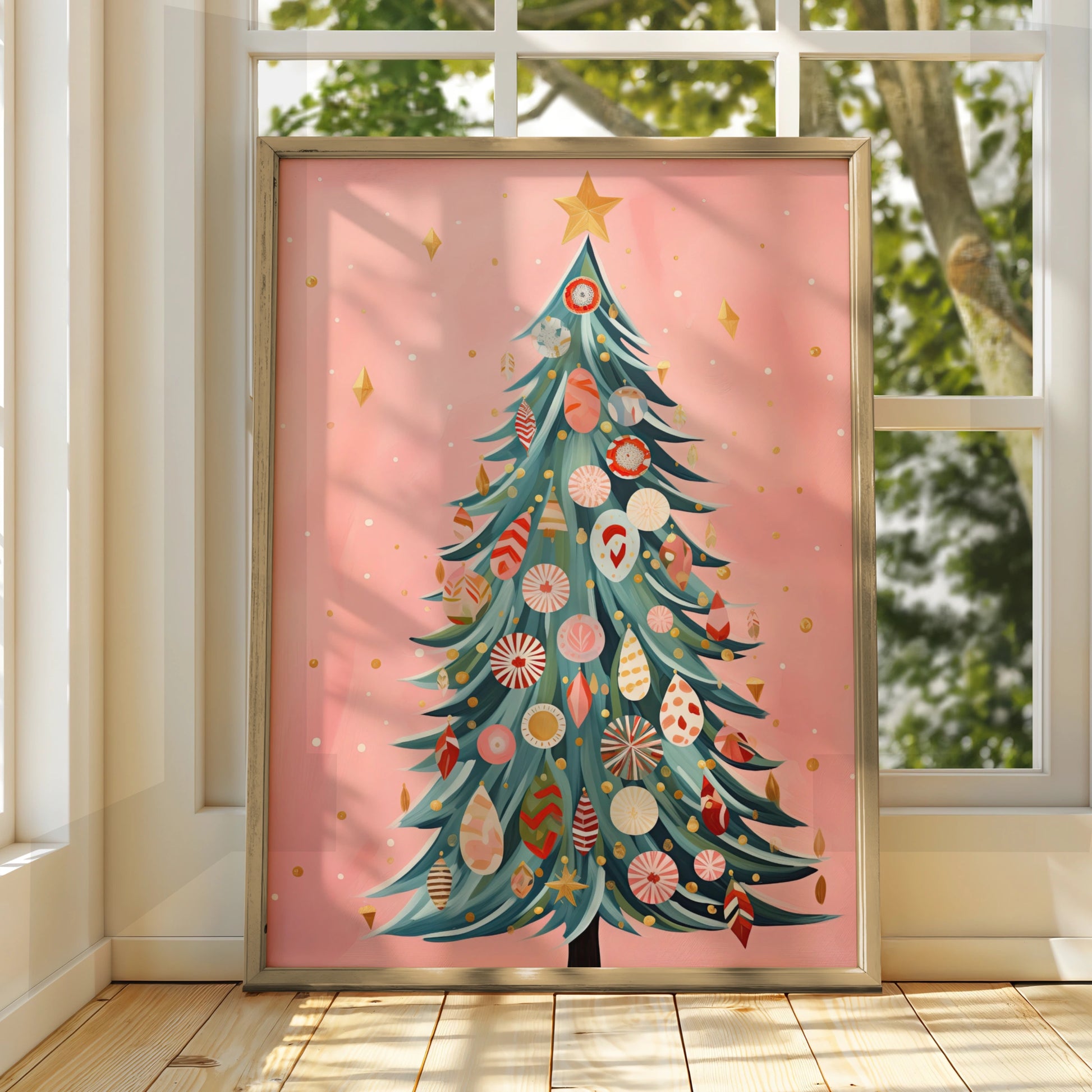 Pink Christmas Tree Poster, Festive Baubles Wall Art, Boho Xmas Print, Holiday Home Decor