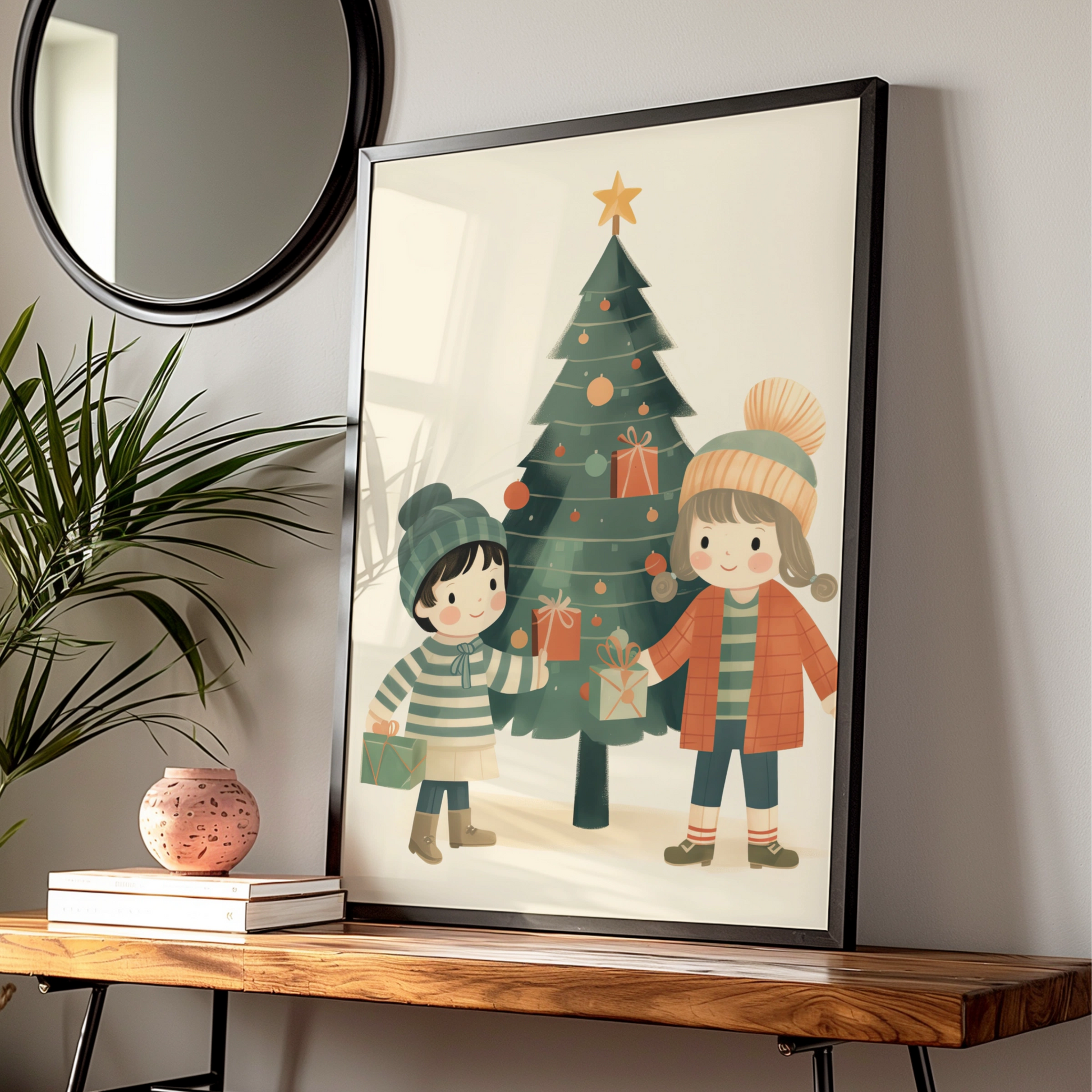 Christmas Poster Children Tree Gifts, Cute Kids Xmas Wall Art, Festive Holiday Print