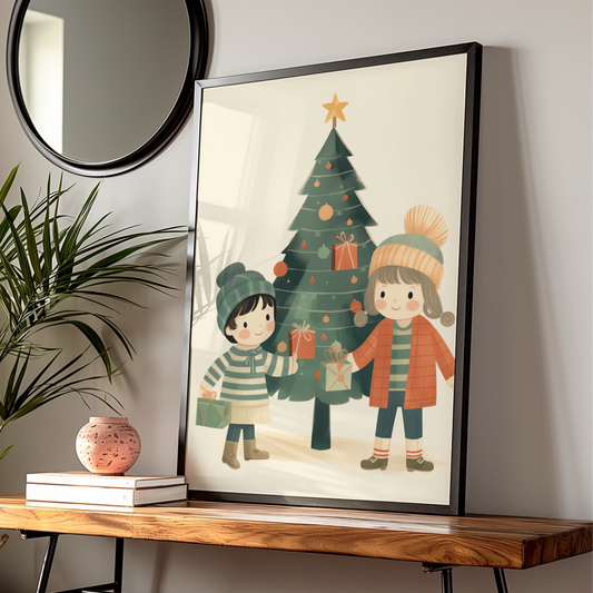 Christmas Poster Children Tree Gifts, Cute Kids Xmas Wall Art, Festive Holiday Print