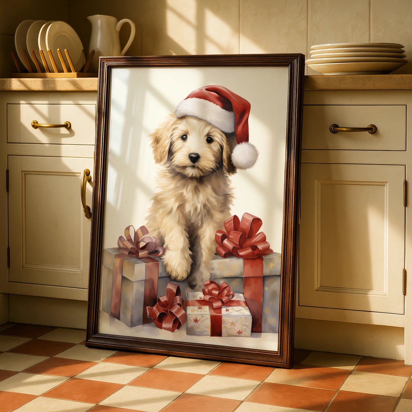 Christmas Puppy Poster, Goldendoodle Santa Hat Print, Festive Dog Wall Art Gift