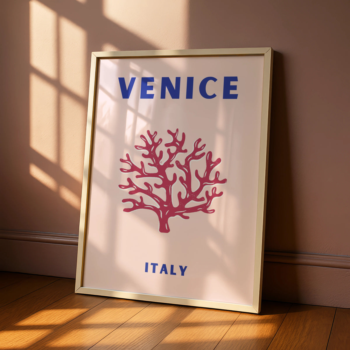 Venice Italy Travel Poster, Retro Coral Wall Art, Italian City Print, Pink Blue Home Decor