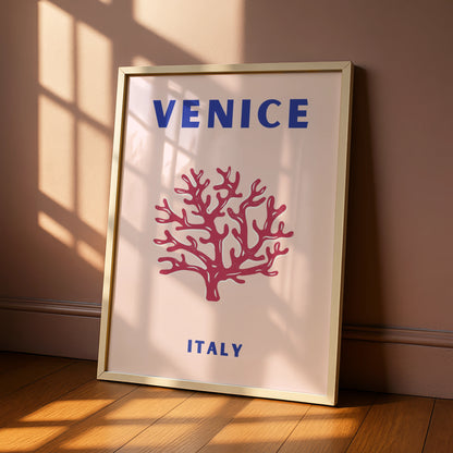 Venice Italy Travel Poster, Retro Coral Wall Art, Italian City Print, Pink Blue Home Decor