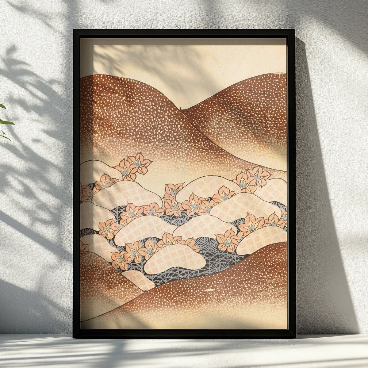 Japanese Botanical Print, Vintage Woodblock Wall Art, Floral Japandi Poster, Terracotta Waves – A4 Black frame
