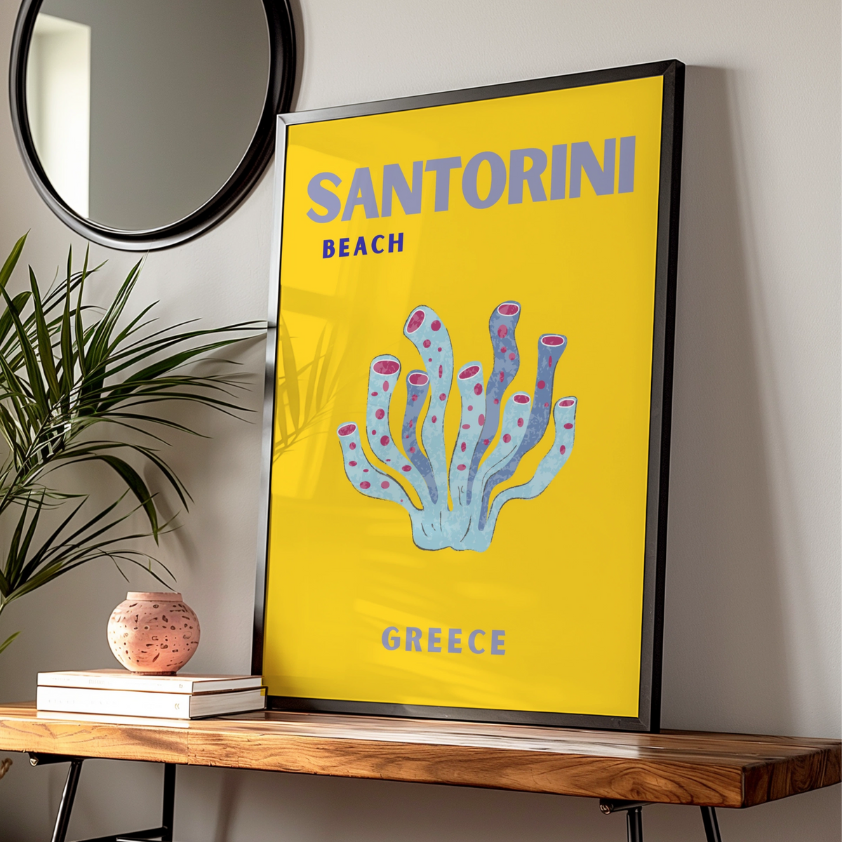 Santorini Beach Greece Travel Poster, Retro Greek Island Wall Art, Unique Coral Print