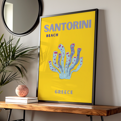Santorini Beach Greece Travel Poster, Retro Greek Island Wall Art, Unique Coral Print