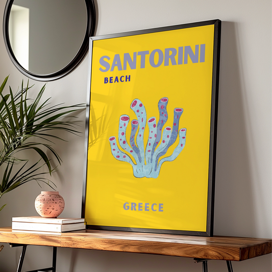Santorini Beach Greece Travel Poster, Retro Greek Island Wall Art, Unique Coral Print — Digital Download