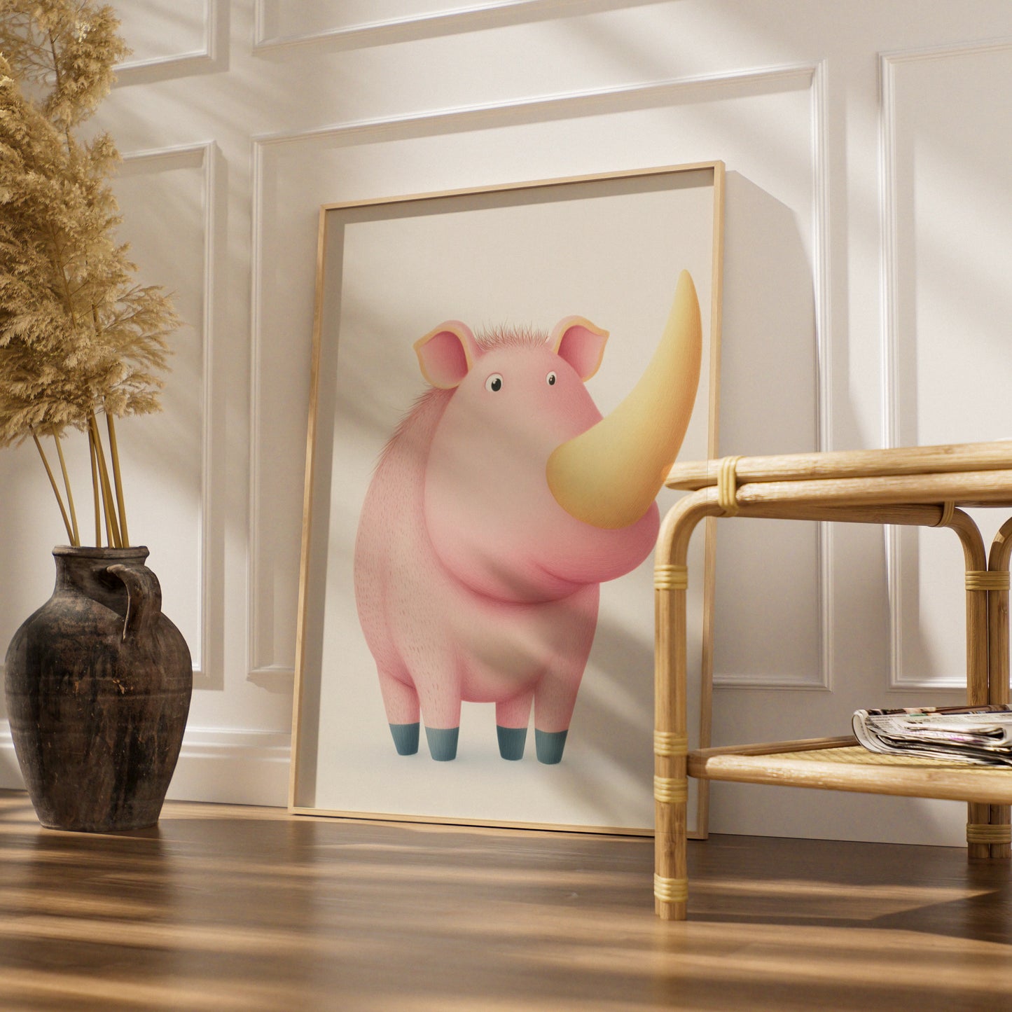 Cute Rhino Nursery Wall Art, Pink Rhinoceros Print, Children's Animal Poster, Kids Room Decor