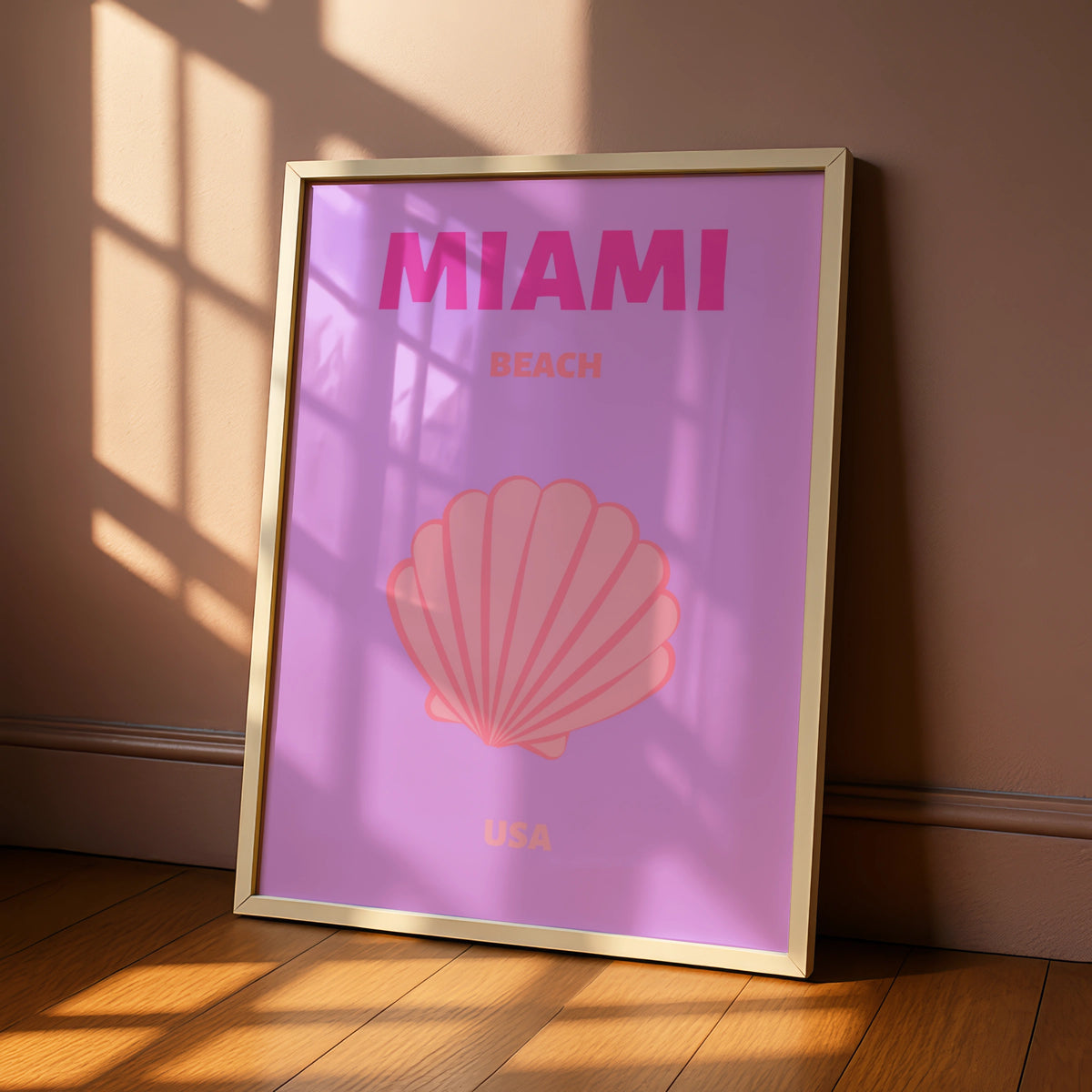 Miami Beach Travel Poster, Florida USA Wall Art, Retro Pink Coastal Print, Seashell