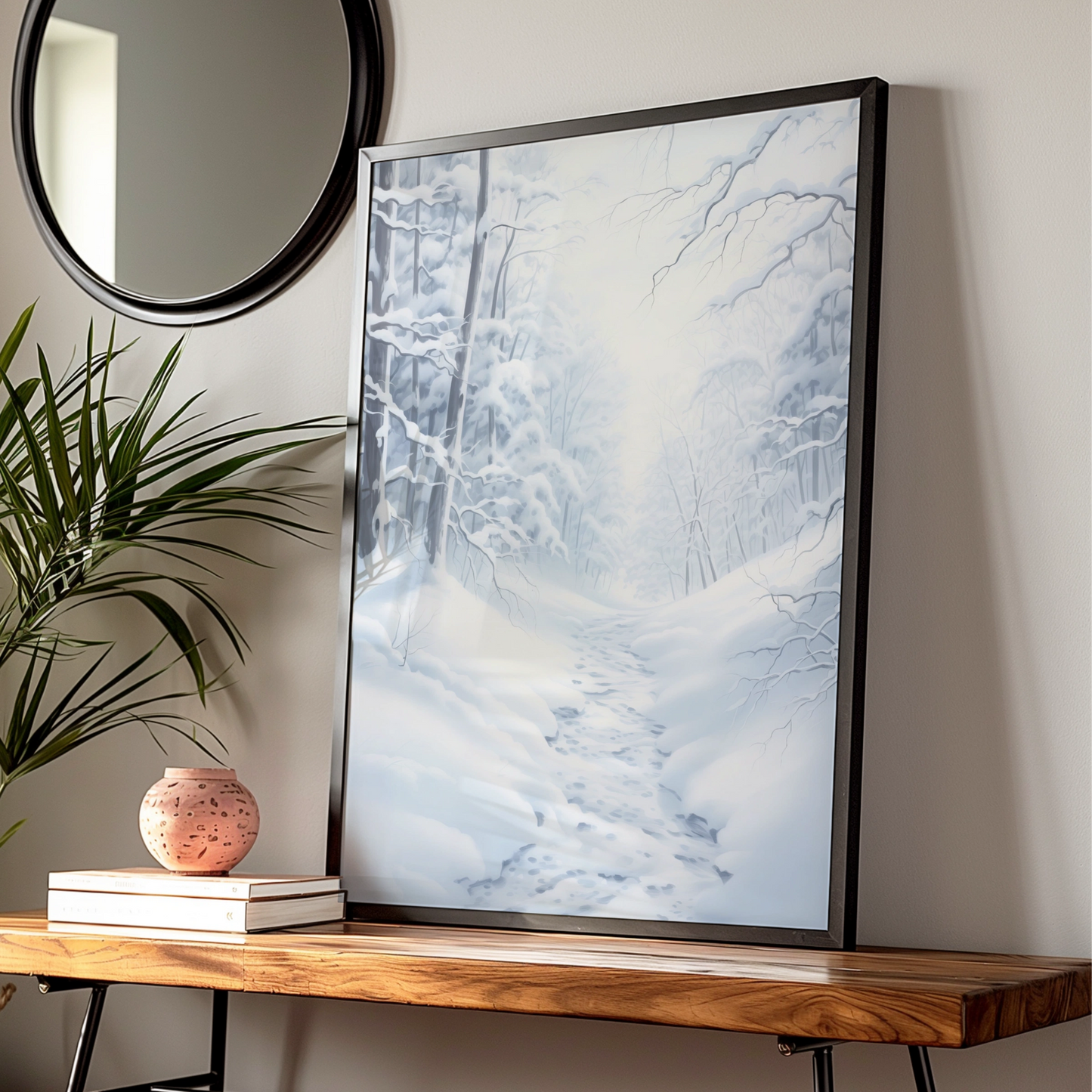 Snowy Winter Forest Christmas Poster, White Blue Woodland Path Wall Art Print