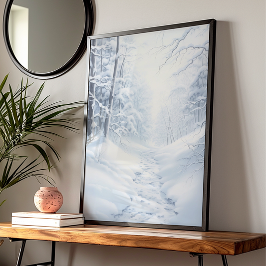 Snowy Winter Forest Christmas Poster, White Blue Woodland Path Wall Art Print