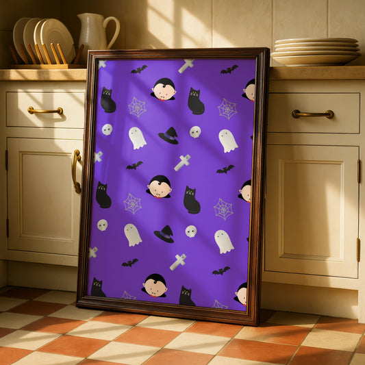 Halloween Pattern Poster, Cute Ghost Vampire Bat Black Cat Wall Art Print