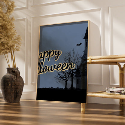 Happy Halloween Haunted House Poster, Spooky Castle Bats Full Moon Wall Art Print