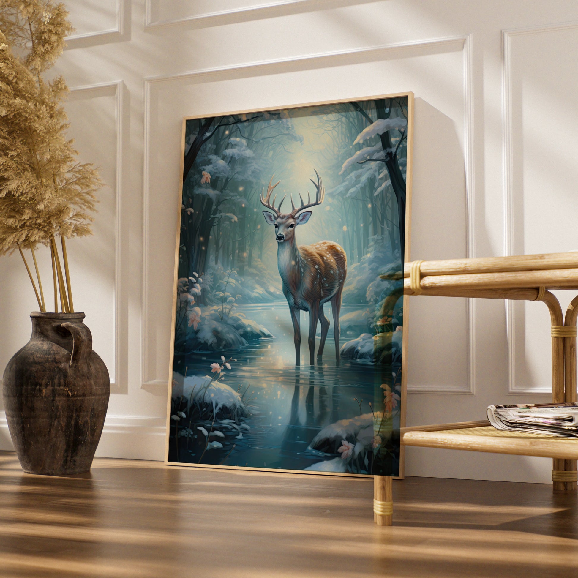 Christmas Deer Poster, Winter Forest Stag Wall Art, Magical Snow Scene, Festive Nature Print