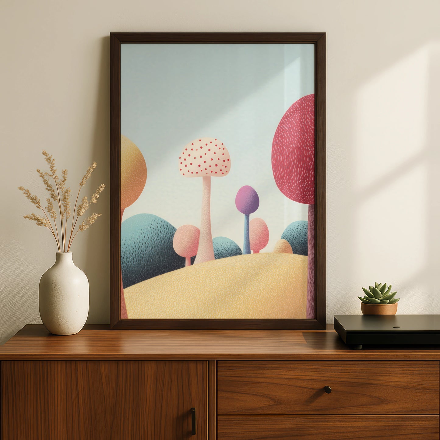 Mushroom Nursery Wall Art, Colourful Whimsical Forest Print, Kids Room Poster Decor