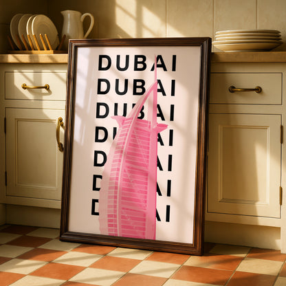 Dubai Travel Poster, UAE City Wall Art, Pink Retro Print, Modern Architecture Decor