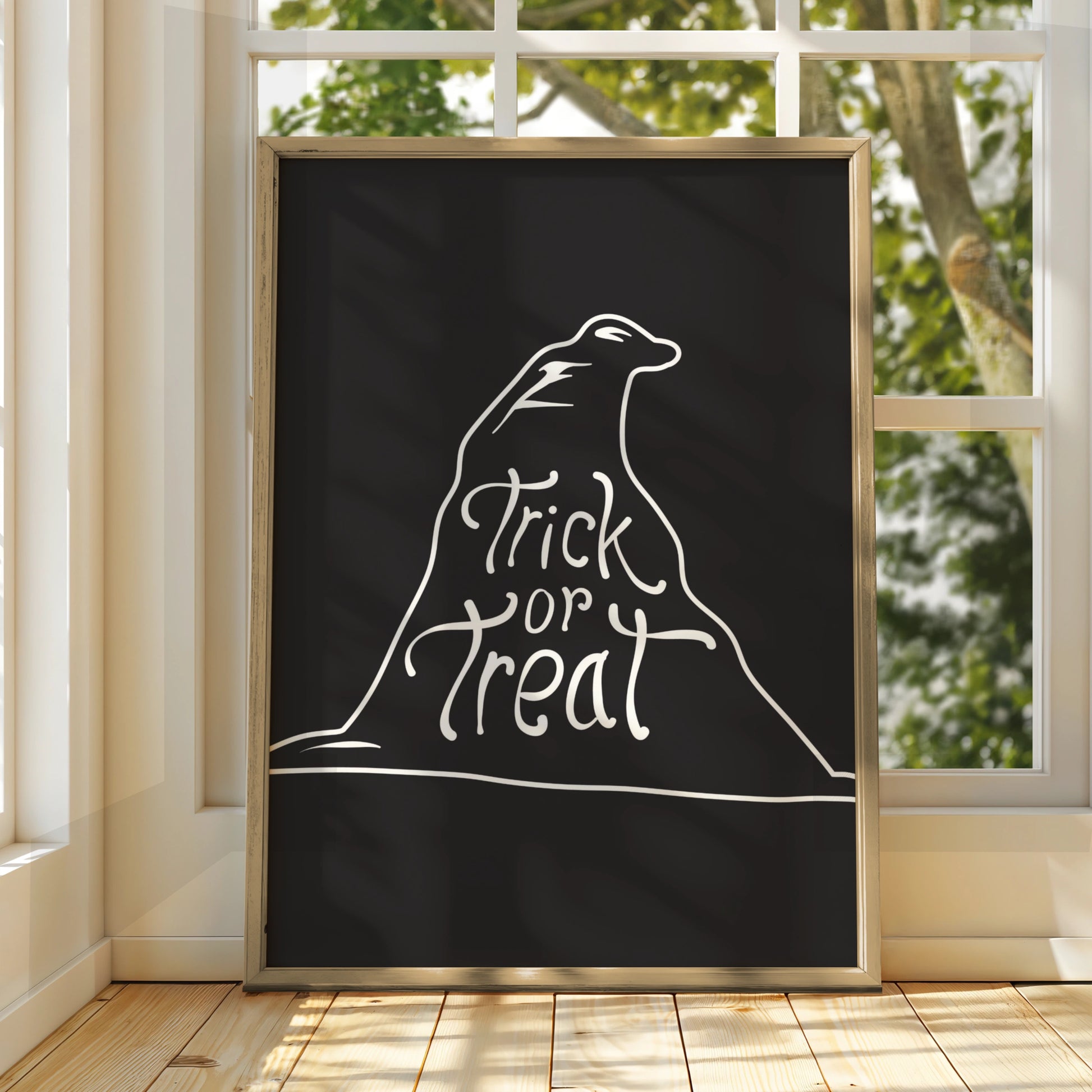 Halloween Trick or Treat Poster, Black Cat Line Art, Spooky Wall Art Print