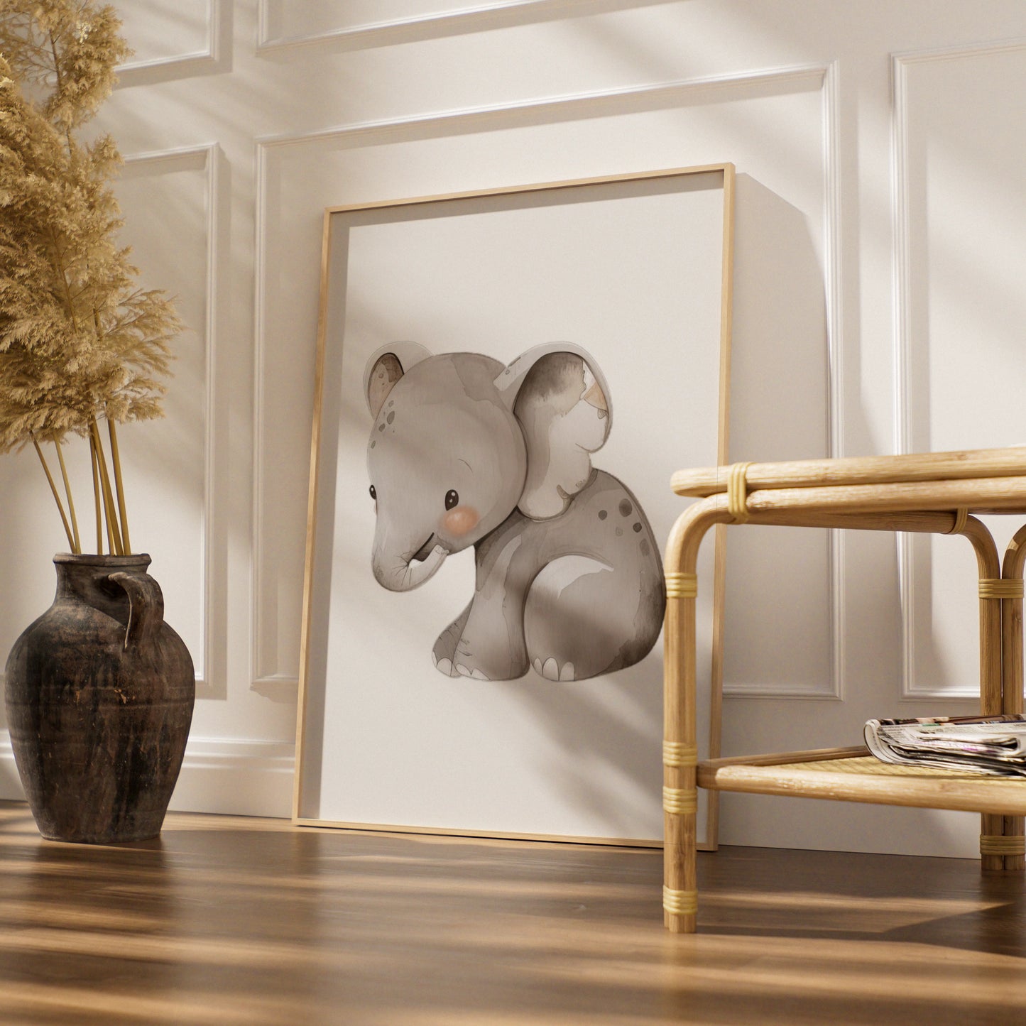 Baby Elephant Nursery Wall Art, Cute Safari Animal Poster, Grey Watercolour Print for Kids Room