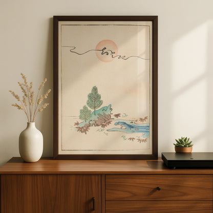 Japanese Wall Art, Vintage Bijutsukai Woodblock Print, Minimalist Rising Sun Poster – A5 Black frame