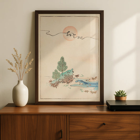 Japanese Wall Art, Vintage Bijutsukai Woodblock Print, Minimalist Rising Sun Poster – A5 Black frame