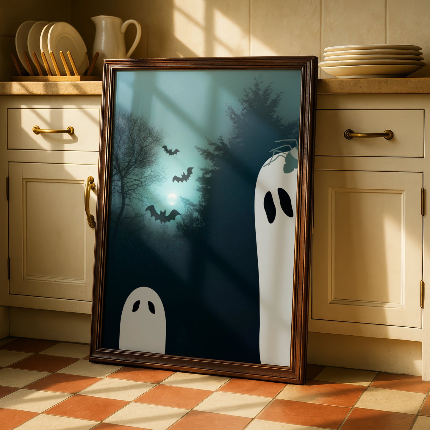 Halloween Ghost Poster, Spooky Forest Wall Art, Bats Full Moon Print, Teal Dark