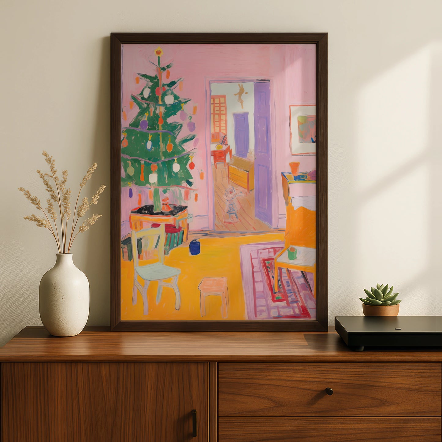 Christmas Room Poster, Colourful Xmas Tree Print, Festive Interior Wall Art, Pink Holiday Decor