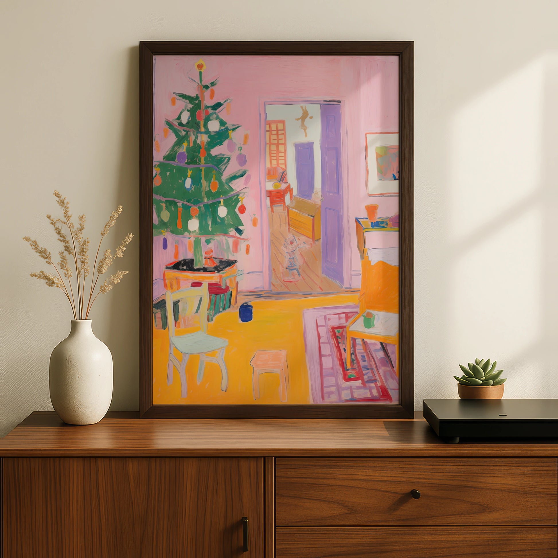 Christmas Room Poster, Colourful Xmas Tree Print, Festive Interior Wall Art, Pink Holiday Decor