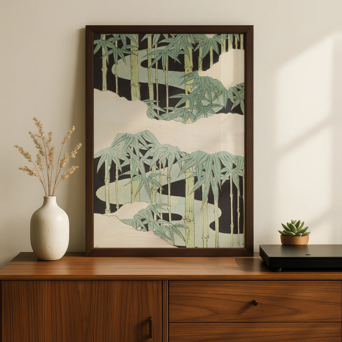 Japanese Bamboo Woodblock Wall Art, Vintage Japandi Botanical Print, Minimalist Green Poster – A5 Black frame