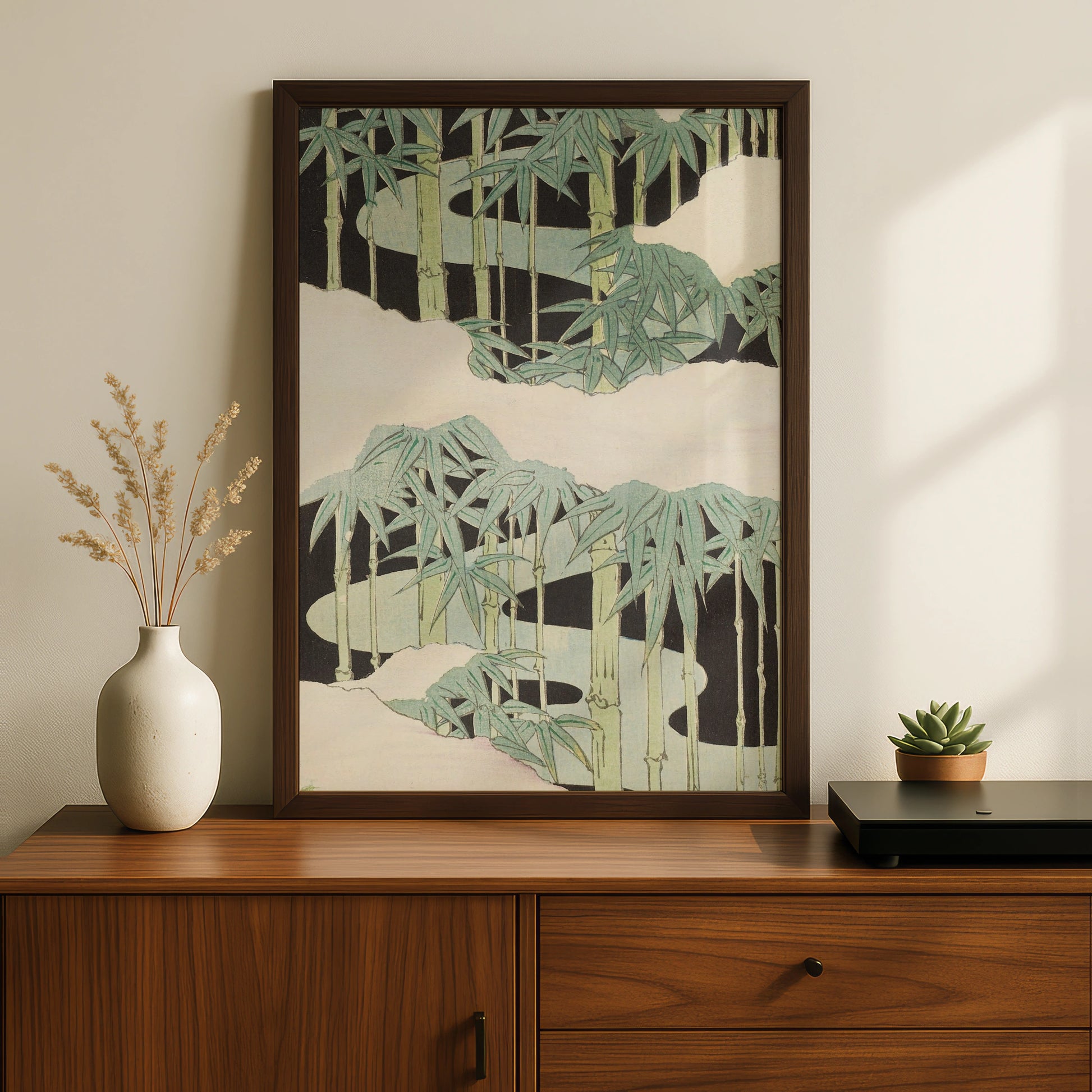 Japanese Bamboo Woodblock Wall Art, Vintage Japandi Botanical Print, Minimalist Green Poster – A5 Black frame
