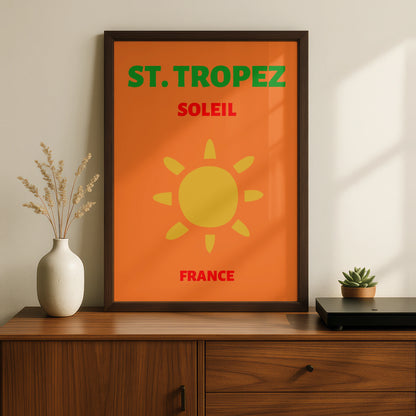 St Tropez Travel Poster, France Retro Wall Art, Cote d'Azur Sun Print, Bold Vintage
