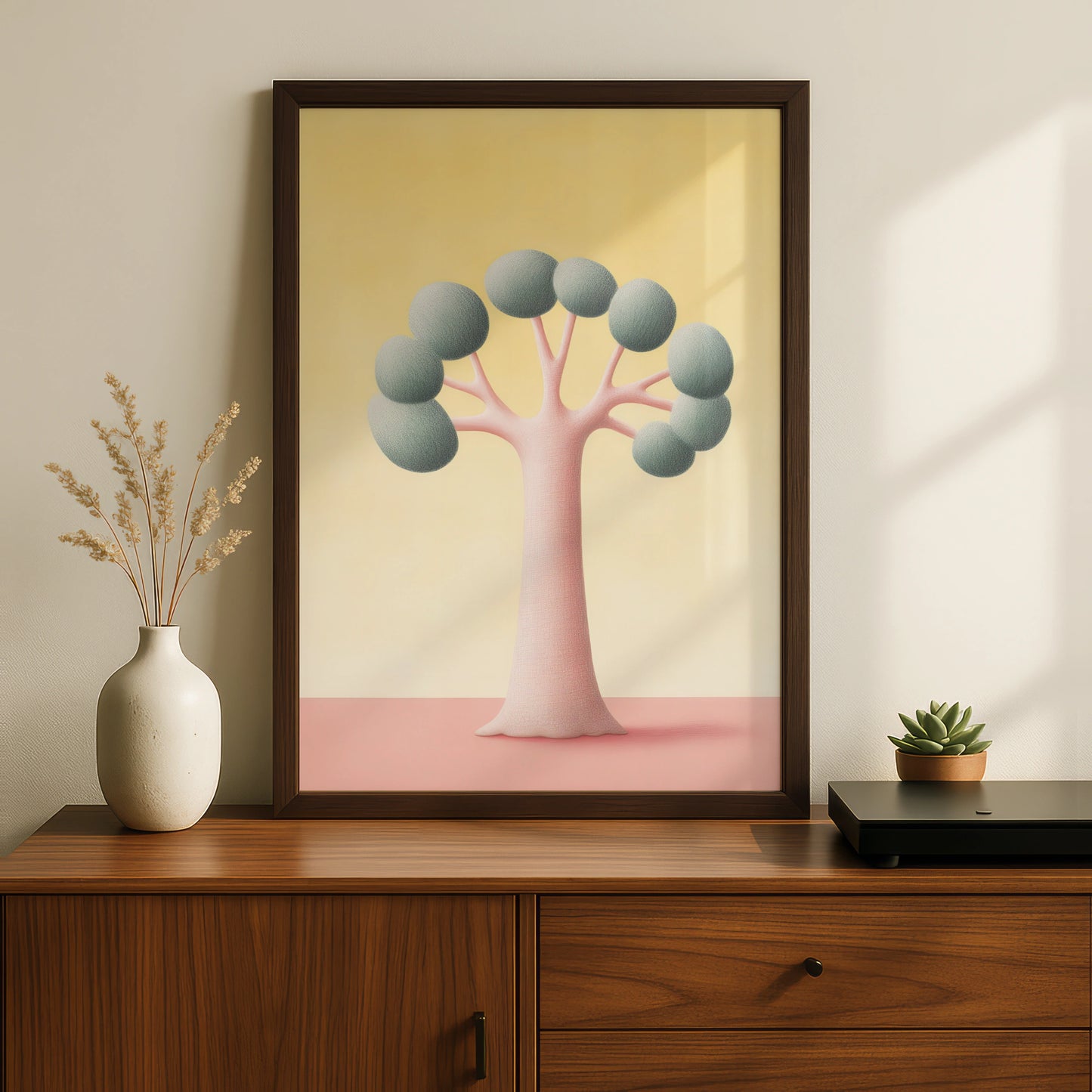 Nursery Tree Wall Art, Pastel Pink Yellow Kids Room Print, Minimalist Baby Decor