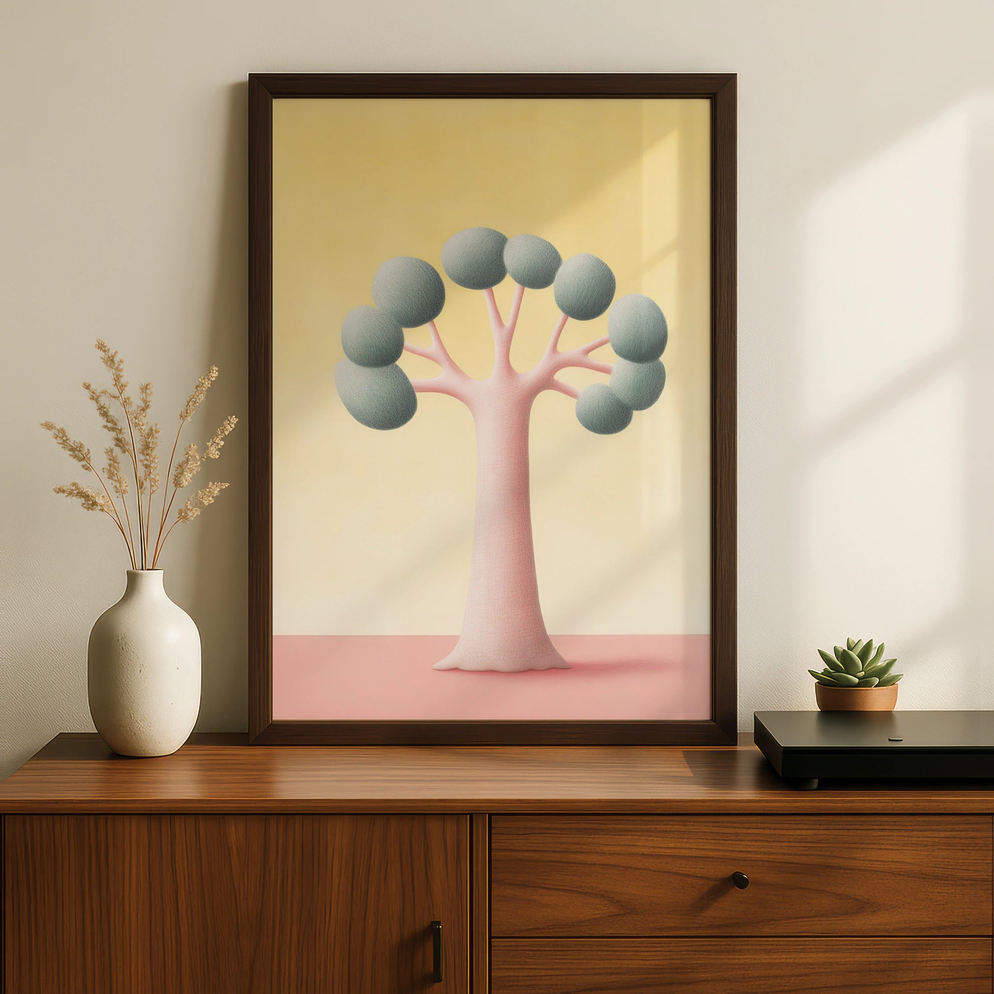 Nursery Tree Wall Art, Pastel Pink Yellow Kids Room Print, Minimalist Baby Decor