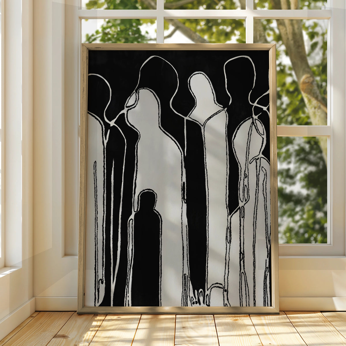 Abstract Figure Group Print, Monochrome Wall Art, Black and White Minimalist Poster, Modern Decor