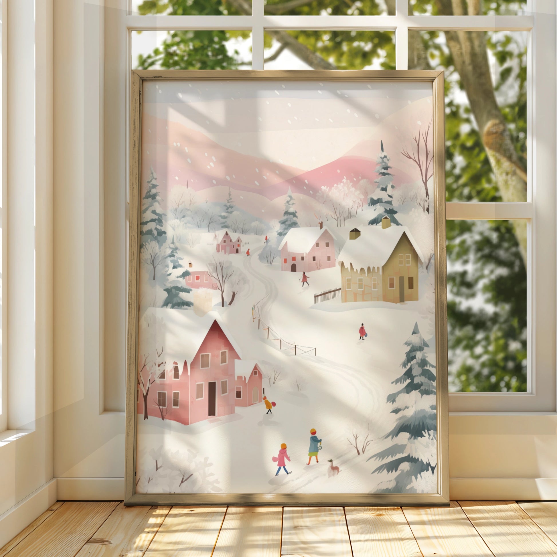 Christmas Village Snow Scene Poster, Pastel Winter Wall Art, Festive Holiday Print